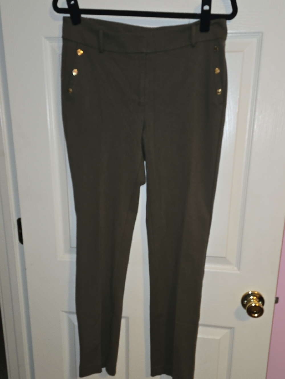 Anne Klein Olive Skinny Pants with Gold Button Detail